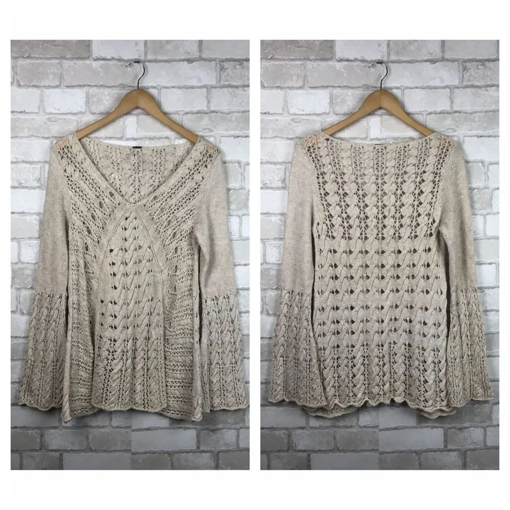 Free People Clockwork Crochet Bell Sleeve Sweater Size M